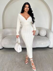 SHEIN SXY White Off-Shoulder Long Sleeve Fitted Long Knit Dress - White - View 5