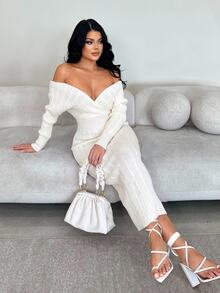 SHEIN SXY White Off-Shoulder Long Sleeve Fitted Long Knit Dress - White - View 6