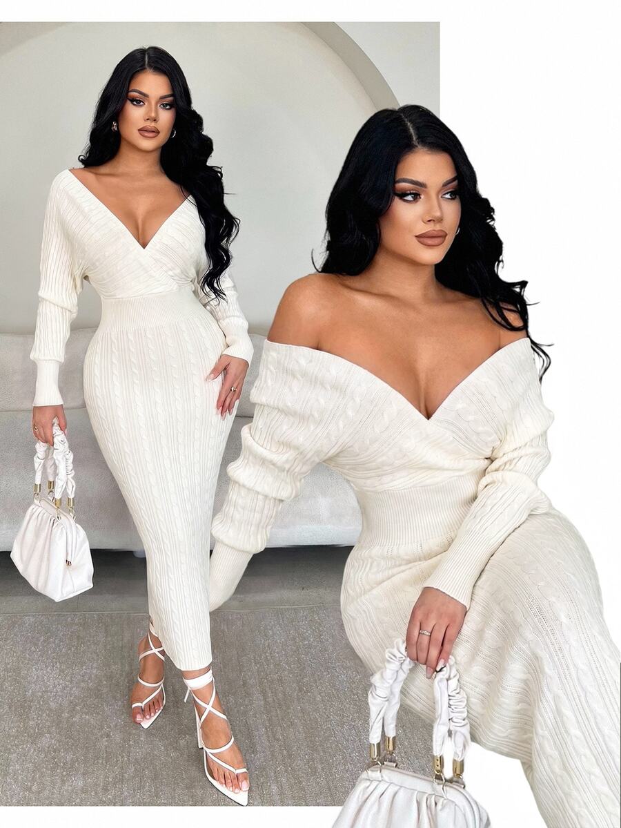 SHEIN SXY White Off-Shoulder Long Sleeve Fitted Long Knit Dress - White - View 1