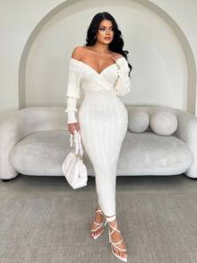 SHEIN SXY White Off-Shoulder Long Sleeve Fitted Long Knit Dress - White - View 3