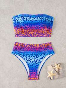 SHEIN Swim 女款豹紋抹胸上衣側邊抓皺設計搭配高腰比基尼泳褲 2件組海灘度假泳裝套裝 - 彩色 - 查看 3