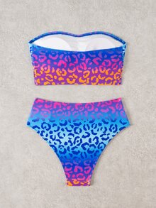 SHEIN Swim 女款豹紋抹胸上衣側邊抓皺設計搭配高腰比基尼泳褲 2件組海灘度假泳裝套裝 - 彩色 - 查看 2