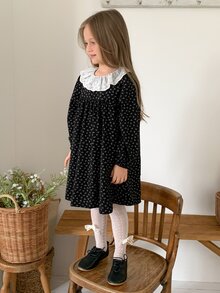 Dazy Kids Young Girl Sweet French Lace Patchwork Long Sleeve Dress - Black - View 2