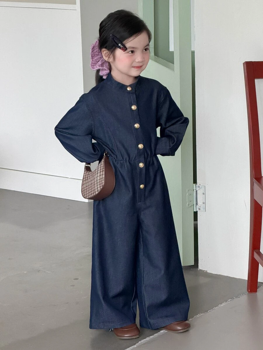Dazy Kids 女童立領金鈕扣鬆緊腰寬腿牛仔連身褲,長袖復古少女牛仔連身衣 - 深色水洗藍 - 查看 1