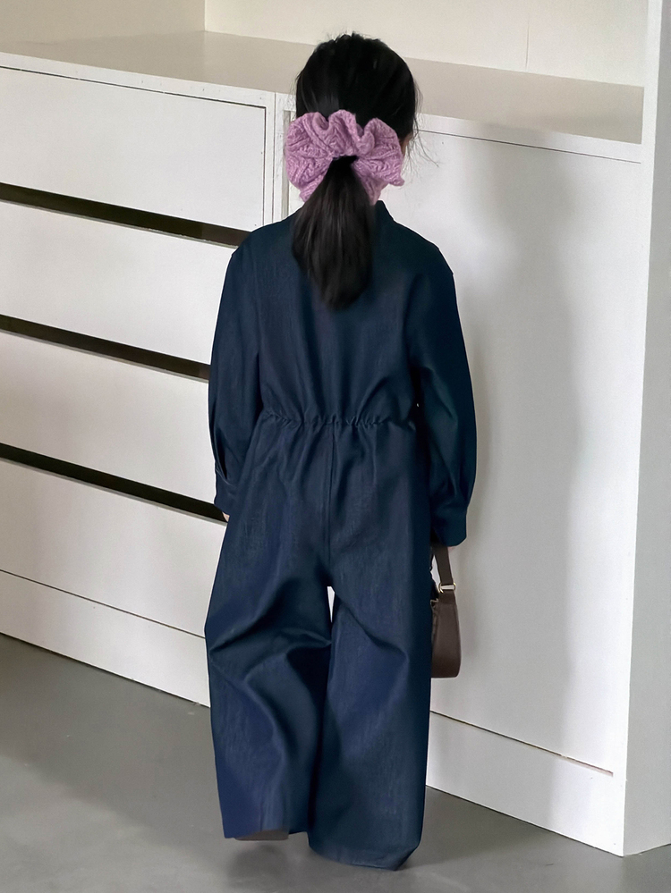 Dazy Kids Girls' Stand Collar Gold Button Elastic Waist Wide Leg Denim Jumpsuit, Long Sleeve Vintage Young Girl' Denim Romper - Dark Wash - View 2