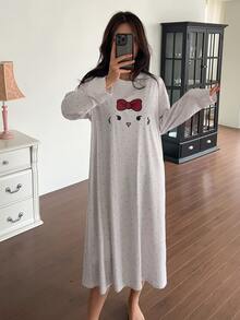 DAZY Gaun Tidur Kasual Wanita Lengan Panjang Leher Bulat Motif Kartun - Putih - View 3