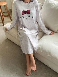 DAZY Gaun Tidur Kasual Wanita Lengan Panjang Leher Bulat Motif Kartun - Putih - View 4