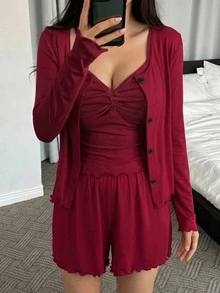 DAZY 女款三件式純色針織扭繩設計細肩帶背心、開襟外套與長褲居家休閒套裝，秋季 - 紅色 - 查看 4