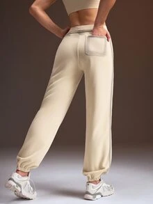 Powerista Celana Olahraga Wanita Warna Beige dengan Pinggang Ganda, Bahan Rajut, dan Bordir Logo - Putih - View 7