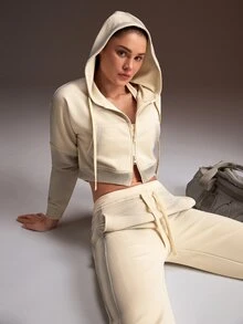 Powerista Celana Olahraga Wanita Warna Beige dengan Pinggang Ganda, Bahan Rajut, dan Bordir Logo - Putih - View 4