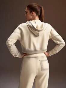 Powerista Women's White Washed Hooded Loose Long Sleeve Sports Sweatshirt Jacket - White - View 2