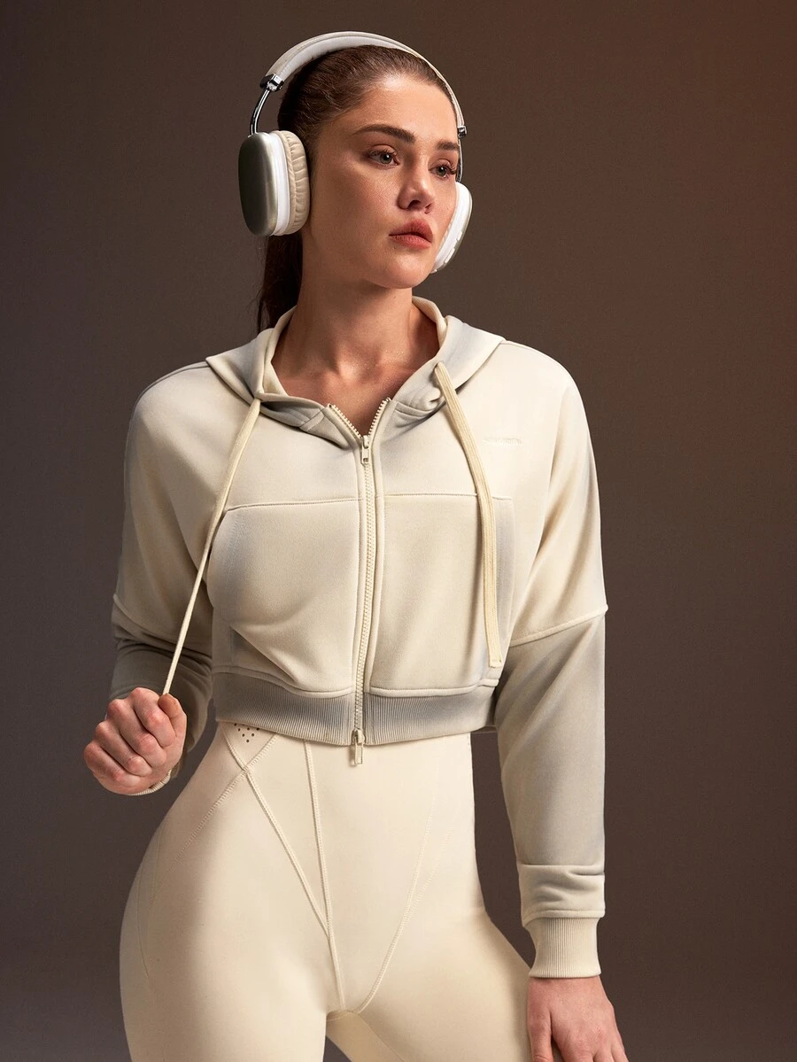 Powerista Women's White Washed Hooded Loose Long Sleeve Sports Sweatshirt Jacket - White - View 1