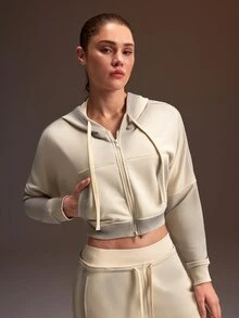 Powerista Women's White Washed Hooded Loose Long Sleeve Sports Sweatshirt Jacket - White - View 5