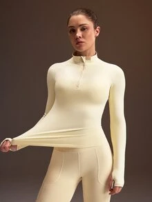 Powerista Women's Pale Yellow Stand Collar Long Sleeve Sports Sweatshirt - Light Yellow - View 6