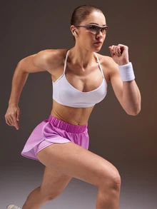 Powerista 女款純色交叉背運動內衣與短褲套裝 健身跑步運動套裝 休閒日常戶外運動 粉色漸層 - 粉色 - 查看 2