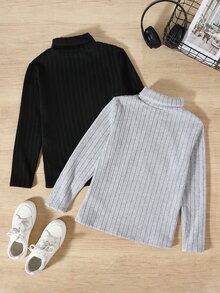 SHEIN 2件組青少年男孩休閒學院風紋理布料套裝，適合通勤、上學、日常穿著，針織立領刷毛內裡修身休閒T恤多件套裝 - 彩色 - 查看 3