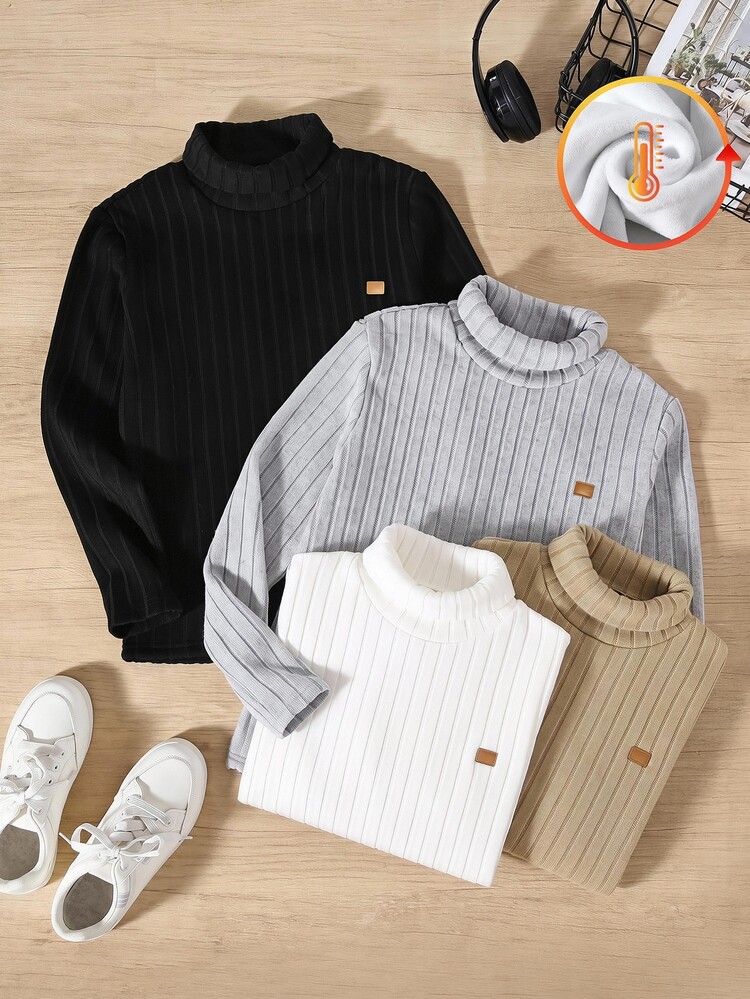 SHEIN 2pcs Tween Boys Casual College Style Textured Fabric 2 Pieces Set, Suitable For Commuting, School, Daily Wear, Knit Clean Stand Collar Fleece Lined Fitted Casual T-Shirt Multi-Piece Outfit - Multicolor - View 3