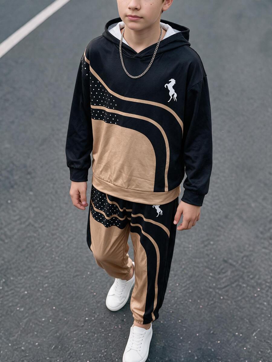 SHEIN 2件組兒童青少年男孩休閒日常百搭舒適印花圖案連帽衛衣寬鬆套頭長袖衛衣與鬆緊束口寬鬆運動褲針織套裝