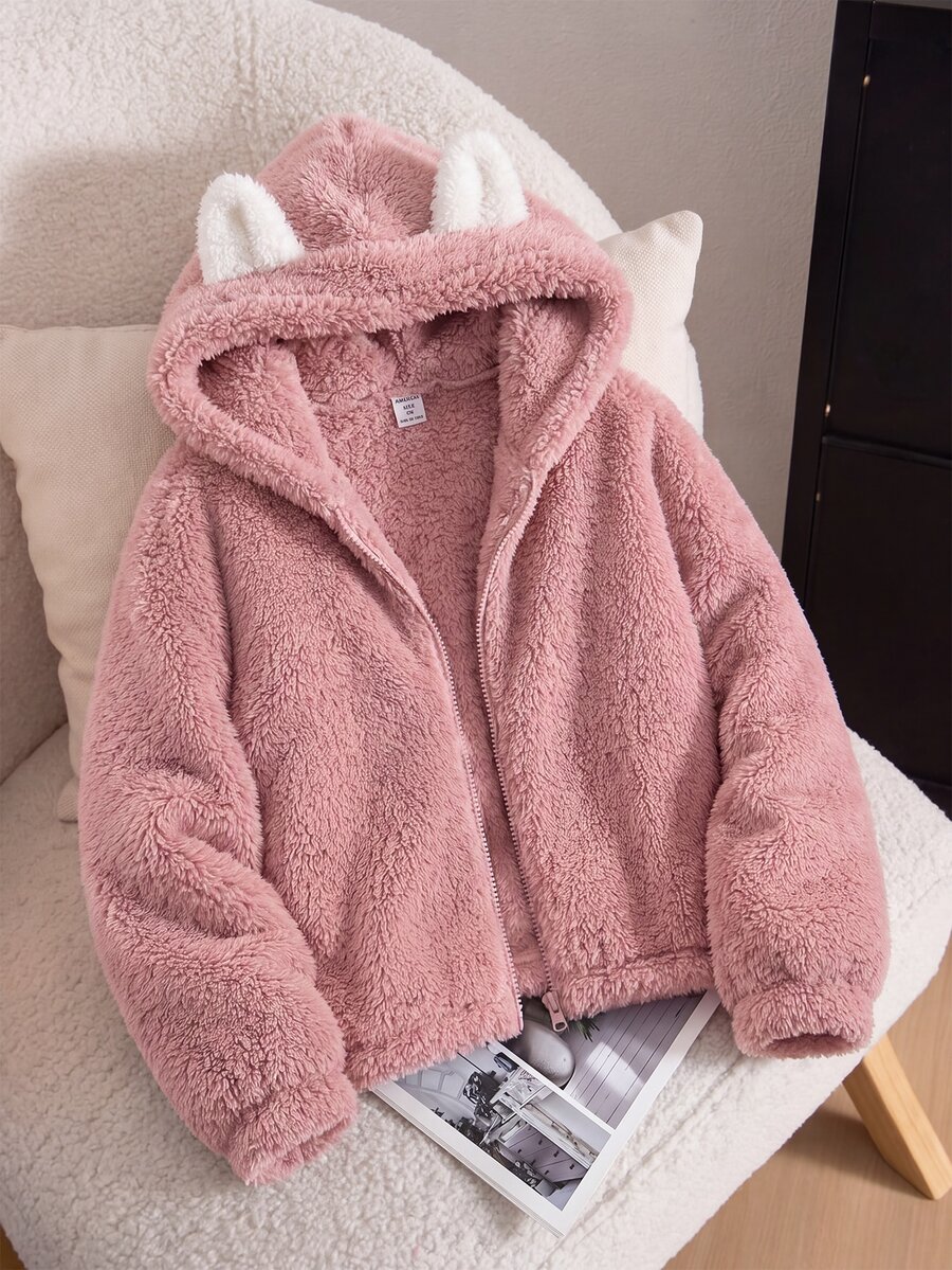 SHEIN 女童秋冬加厚珊瑚絨雙面保暖外套 可愛卡通貓耳設計 兒童夾克外套 毛絨外套 粉色 - 粉色 - 查看 1