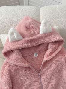 SHEIN 女童秋冬加厚珊瑚絨雙面保暖外套 可愛卡通貓耳設計 兒童夾克外套 毛絨外套 粉色 - 粉色 - 查看 3