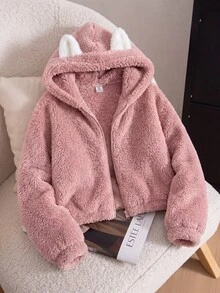 SHEIN 女童秋冬加厚珊瑚絨雙面保暖外套 可愛卡通貓耳設計 兒童夾克外套 毛絨外套 粉色 - 粉色 - 查看 4
