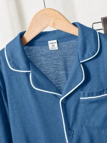 SHEIN 2件組兒童/青少年男孩藍白格紋睡衣套裝，冬季休閒日常舒適翻領開襟上衣與直筒長褲，適合秋冬 - 霧霾藍 - 查看 4