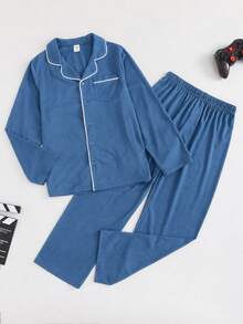 SHEIN 2件組兒童/青少年男孩藍白格紋睡衣套裝，冬季休閒日常舒適翻領開襟上衣與直筒長褲，適合秋冬 - 霧霾藍 - 查看 3