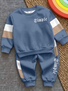 Young Boys Loose Sports Casual Comfortable Long Sleeve Sweatshirt & Pants 2 Pieces Set, Suitable For Autumn/Winter, Classic Color Block Patchwork Pattern Print, Cool Gothic Text Graphic Print - Multicolor - View 4