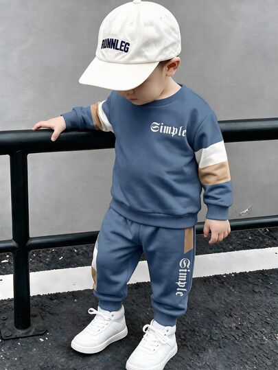 Young Boys Loose Sports Casual Comfortable Long Sleeve Sweatshirt & Pants 2 Pieces Set, Suitable For Autumn/Winter, Classic Color Block Patchwork Pattern Print, Cool Gothic Text Graphic Print