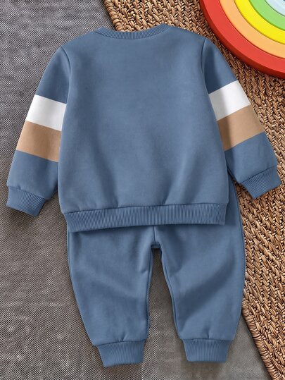 Young Boys Loose Sports Casual Comfortable Long Sleeve Sweatshirt & Pants 2 Pieces Set, Suitable For Autumn/Winter, Classic Color Block Patchwork Pattern Print, Cool Gothic Text Graphic Print