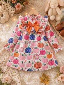 SHEIN Gaun Kasual Anak Perempuan Motif Tenun Efek Khusus dengan Hem Berkerut - MultiWarna - View 3