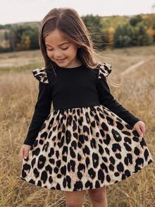 Emery Rose Kids Emery Rose Kids 女童拼接豹紋荷葉邊圓領長袖洋裝 - 彩色 - 查看 3
