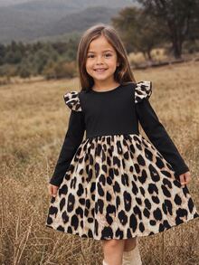 Emery Rose Kids Emery Rose Kids 女童拼接豹紋荷葉邊圓領長袖洋裝 - 彩色 - 查看 2