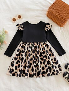Emery Rose Kids Emery Rose Kids 女童拼接豹紋荷葉邊圓領長袖洋裝 - 彩色 - 查看 7