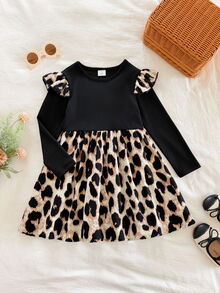 Emery Rose Kids Emery Rose Kids 女童拼接豹紋荷葉邊圓領長袖洋裝 - 彩色 - 查看 6