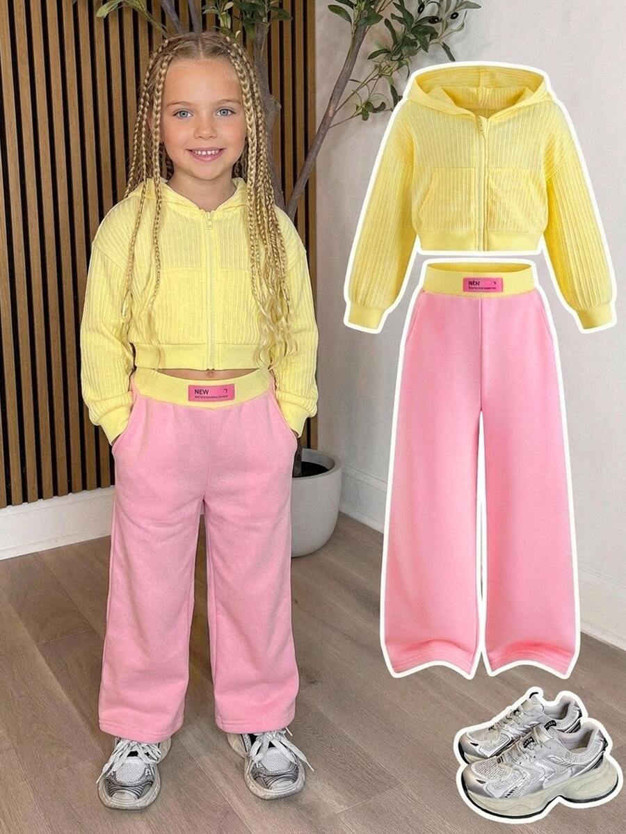 SHEIN Setelan Kasual Anak Perempuan Warna Polos, Terdiri dari Sweatshirt Lengan Panjang Berkerudung dengan Resleting dan Celana Panjang Lebar - MultiWarna - View 1