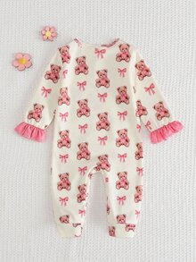 SHEIN Ropa de estar en casa con volantes estampada y linda para niñas bebés, con estampados de patrones adorables y encantadores detalles de volantes. Adecuada para otoño e invierno - Multicolor - Ver 2