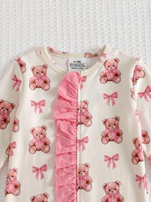 SHEIN Ropa de estar en casa con volantes estampada y linda para niñas bebés, con estampados de patrones adorables y encantadores detalles de volantes. Adecuada para otoño e invierno - Multicolor - Ver 4
