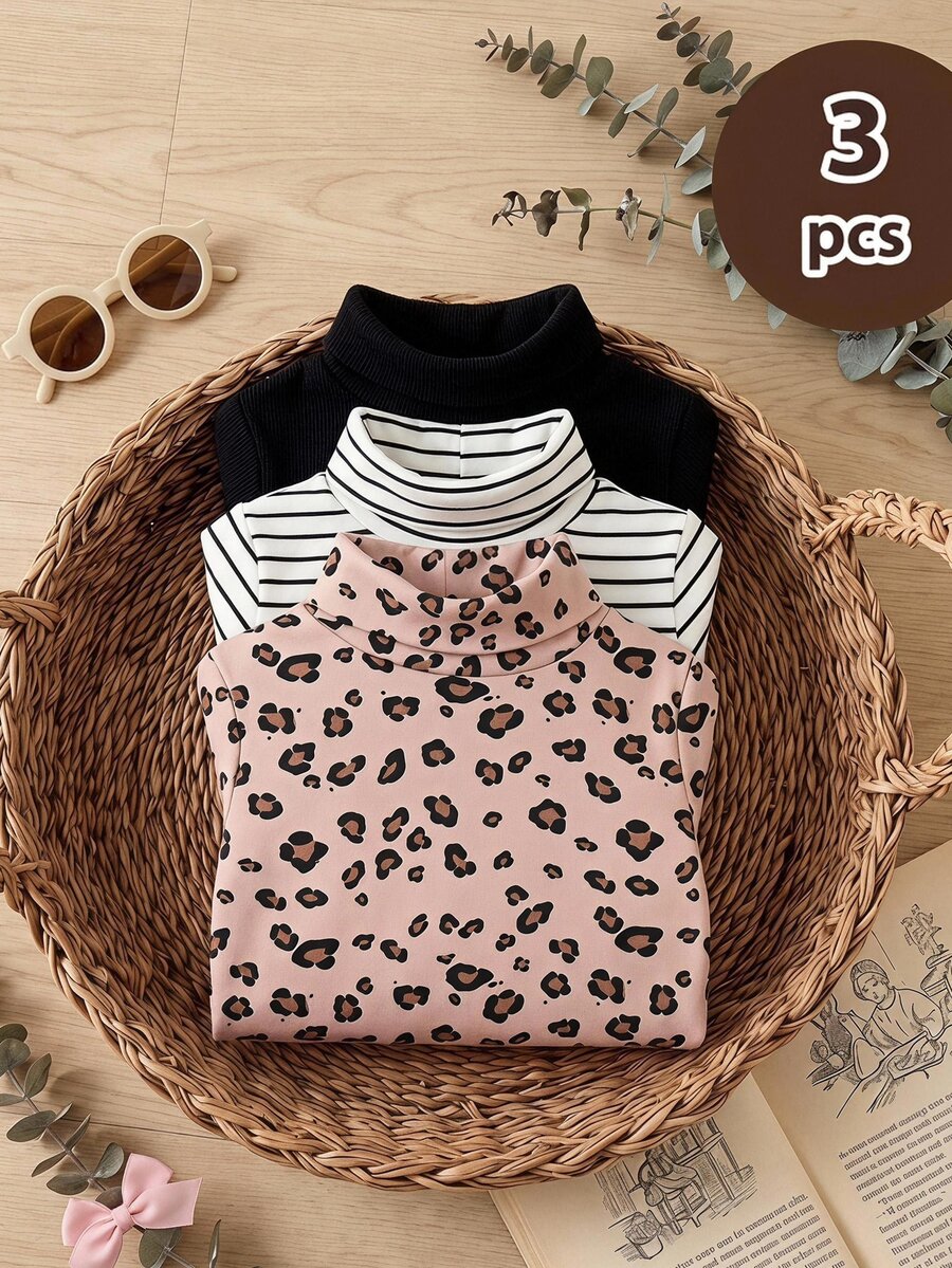 LMoss Kids Kids Baby Girls Simple Striped Knit High Neck Basic Pullover Long Sleeve T-Shirt 3pcs Set - Multicolor - View 1