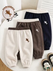 SHEIN Baby Boy Autumn/Winter Thickened Colorblock 3pcs -Piece Set All-Match Versatile Pony Embroidery Pants - Multicolor - View 4
