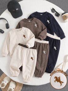 SHEIN Baby Boy Autumn/Winter Thickened Colorblock 3pcs -Piece Set All-Match Versatile Pony Embroidery Pants - Multicolor - View 1