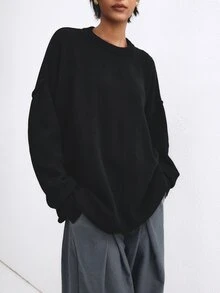ATUI Studio Sweater Lengan Panjang Wanita Warna Polos Kasual Serbaguna untuk Pemakaian Sehari-hari - Hitam - View 1