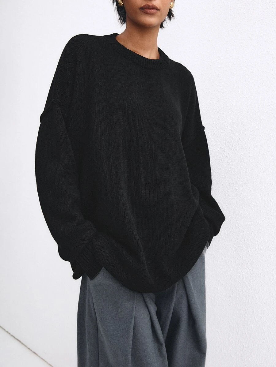ATUI Studio Sweater Lengan Panjang Wanita Warna Polos Kasual Serbaguna untuk Pemakaian Sehari-hari - Hitam - View 1