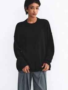ATUI Studio Sweater Lengan Panjang Wanita Warna Polos Kasual Serbaguna untuk Pemakaian Sehari-hari - Hitam - View 6
