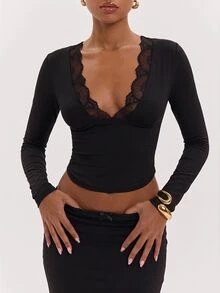 SHEIN BAE Fall Winter Black Deep V Lace Trim Slim Knit Crop Top Long Skirt Two Pieces Set Halloween Party Outfit - Black - View 6