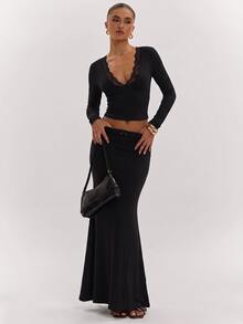 SHEIN BAE Fall Winter Black Deep V Lace Trim Slim Knit Crop Top Long Skirt Two Pieces Set Halloween Party Outfit - Black - View 4