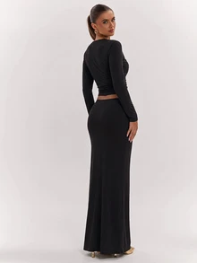 SHEIN BAE Fall Winter Black Deep V Lace Trim Slim Knit Crop Top Long Skirt Two Pieces Set Halloween Party Outfit - Black - View 2