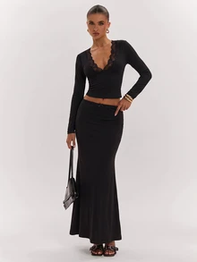 SHEIN BAE Fall Winter Black Deep V Lace Trim Slim Knit Crop Top Long Skirt Two Pieces Set Halloween Party Outfit - Black - View 3
