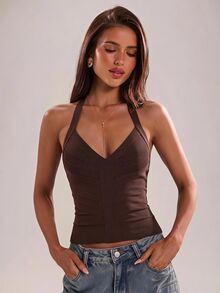SHEIN BAE ملابس علوية نسائية بنية ضيقة أنيقة بتصميم باندج، خريف/شتاء - بني - مشاهدة 3