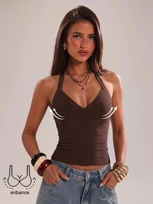 SHEIN BAE ملابس علوية نسائية بنية ضيقة أنيقة بتصميم باندج، خريف/شتاء - بني - مشاهدة 4